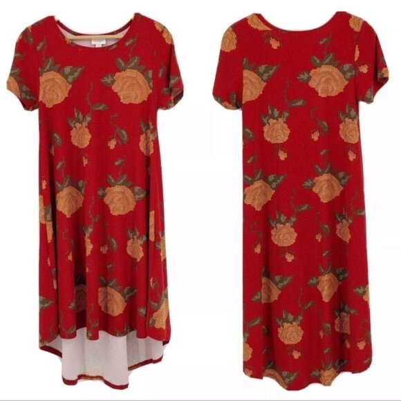 Lularoe Women’s Carly Dress Size XS Floral Print High Low Shift Red Short Sleeve - Picture 2 of 8